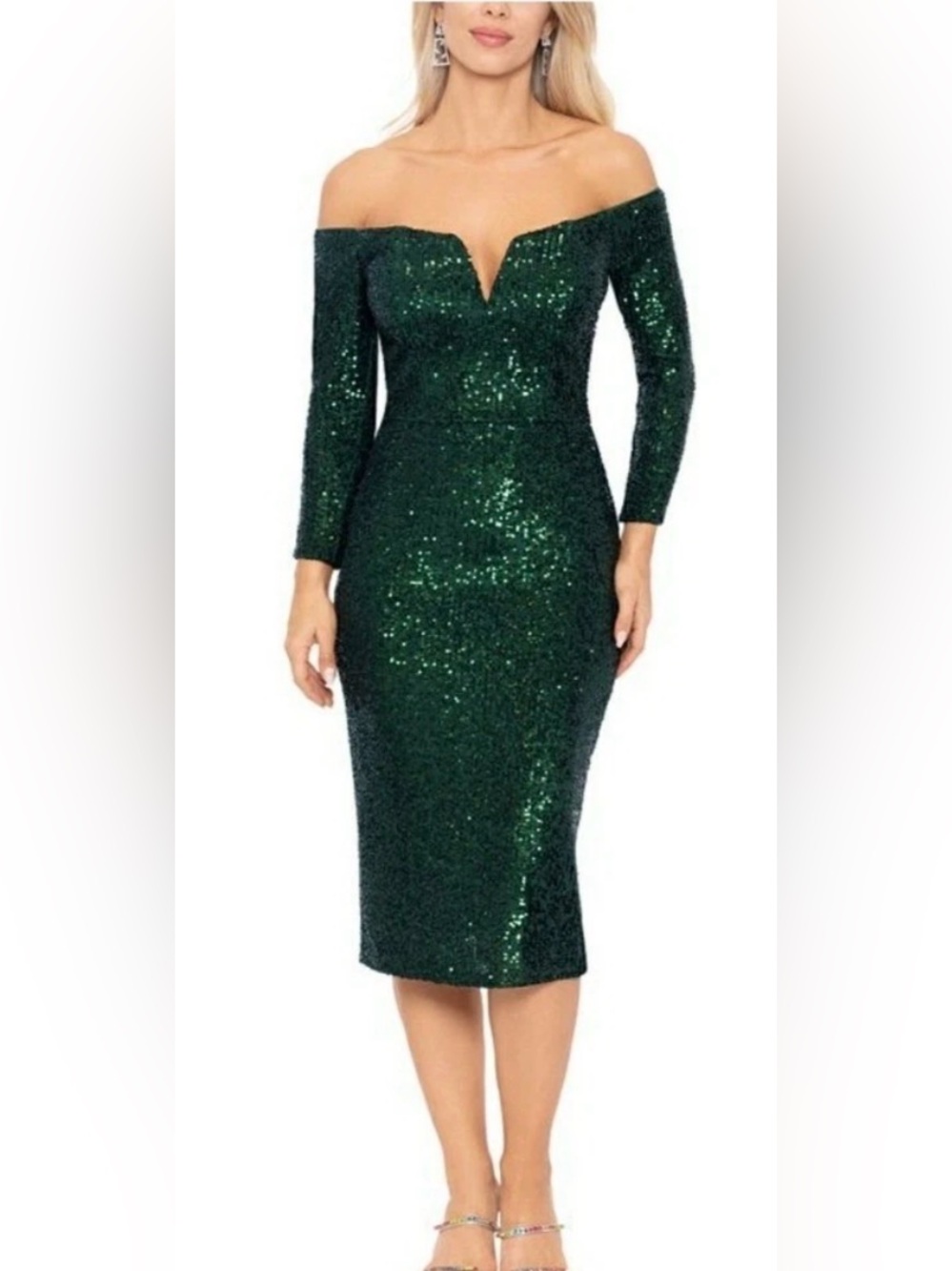 Xscape Dark Emerald Green Sequin Mid off Shoulder Midi Cocktail Dress Glam Sz 12
